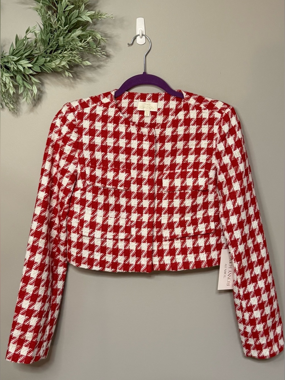 NWT Torn By Ronny Kobo Red & White Houndstooth  Coco Jacket